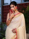 Banarasee Pure Linen Saree With Zari Checks Design-Cream & Red