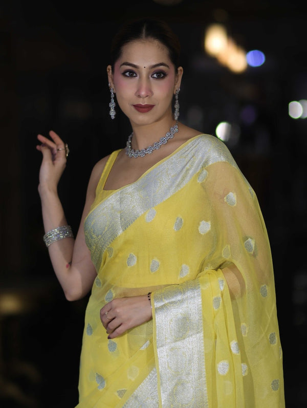 Banarasee Pure Chiffon Saree With Silver Zari Buta Work & Border-Light Yellow