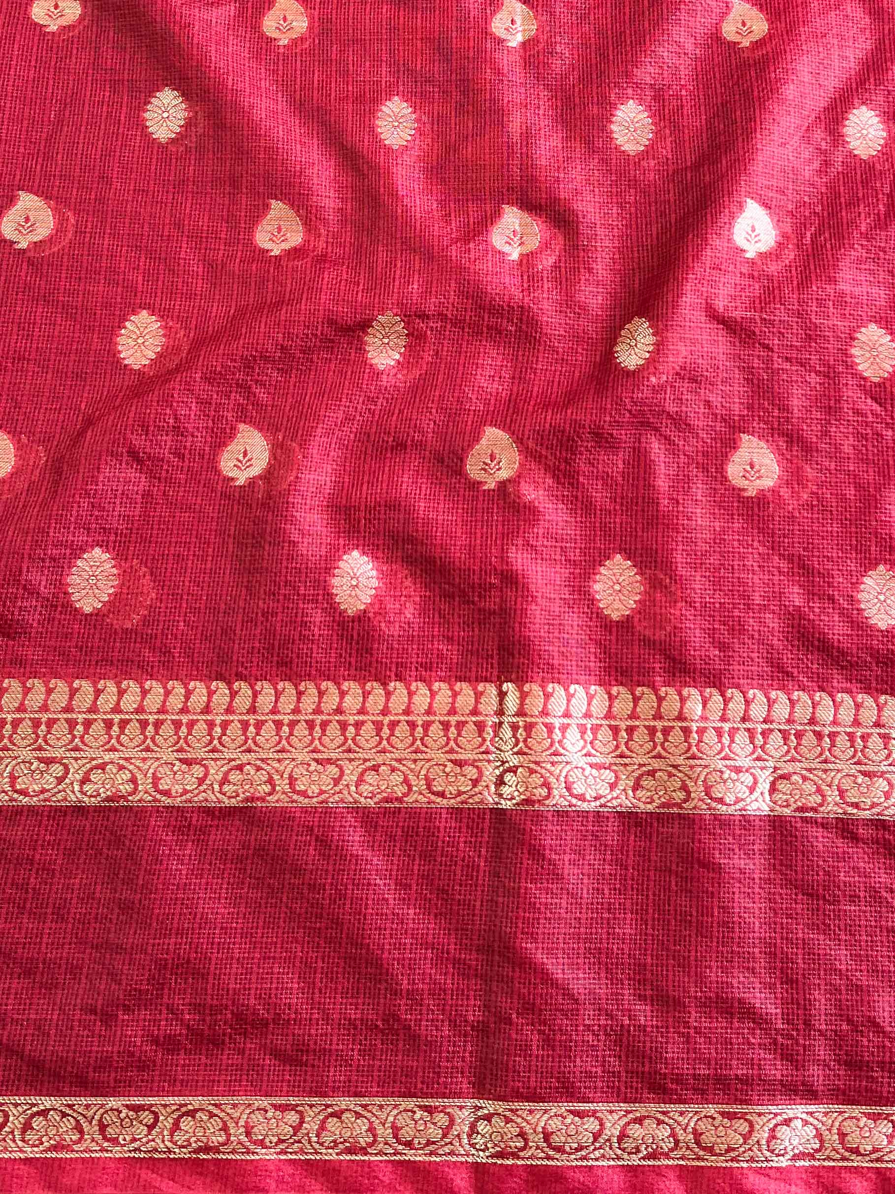 Banarasee Cotton Silk Mix Kota Checks Saree With Zari Design-White & Maroon