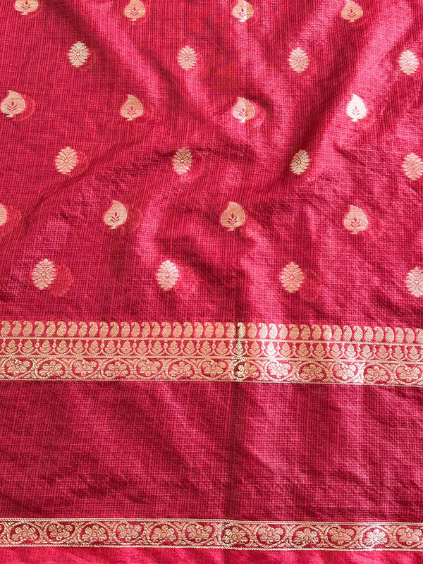 Banarasee Cotton Silk Mix Kota Checks Saree With Zari Design-White & Maroon