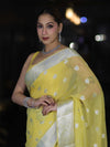 Banarasee Pure Chiffon Saree With Silver Zari Buta Work & Border-Light Yellow