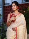 Banarasee Pure Linen Saree With Zari Checks Design-Cream & Red