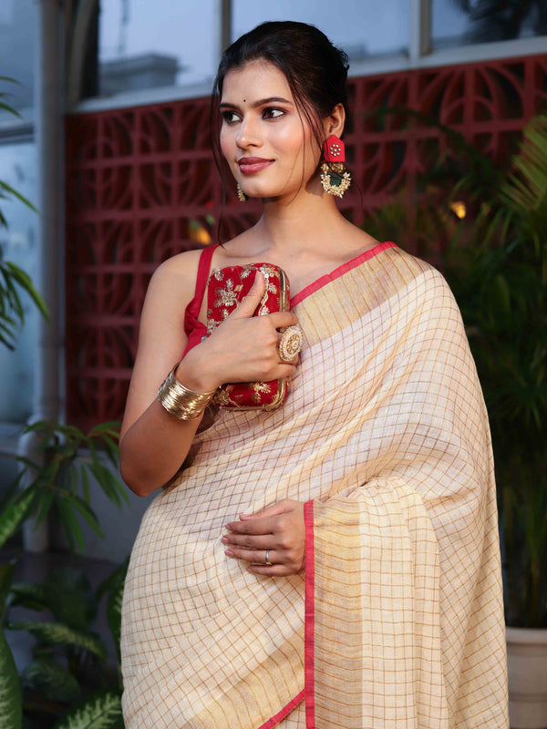 Banarasee Pure Linen Saree With Zari Checks Design-Cream & Red