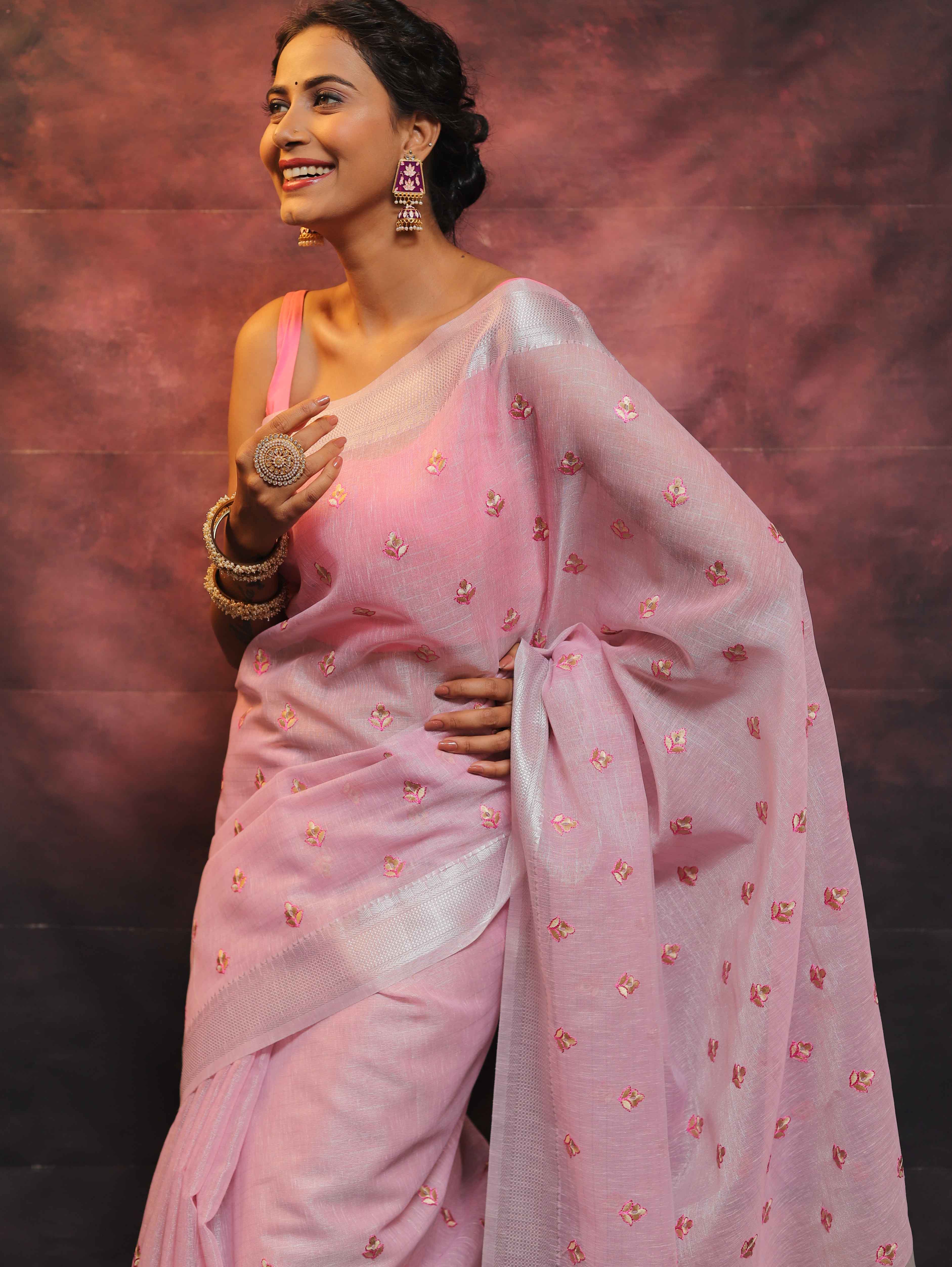 Banarasee Handwoven Zari Border Tissue Saree With Embroidered Floral Buta-Pink