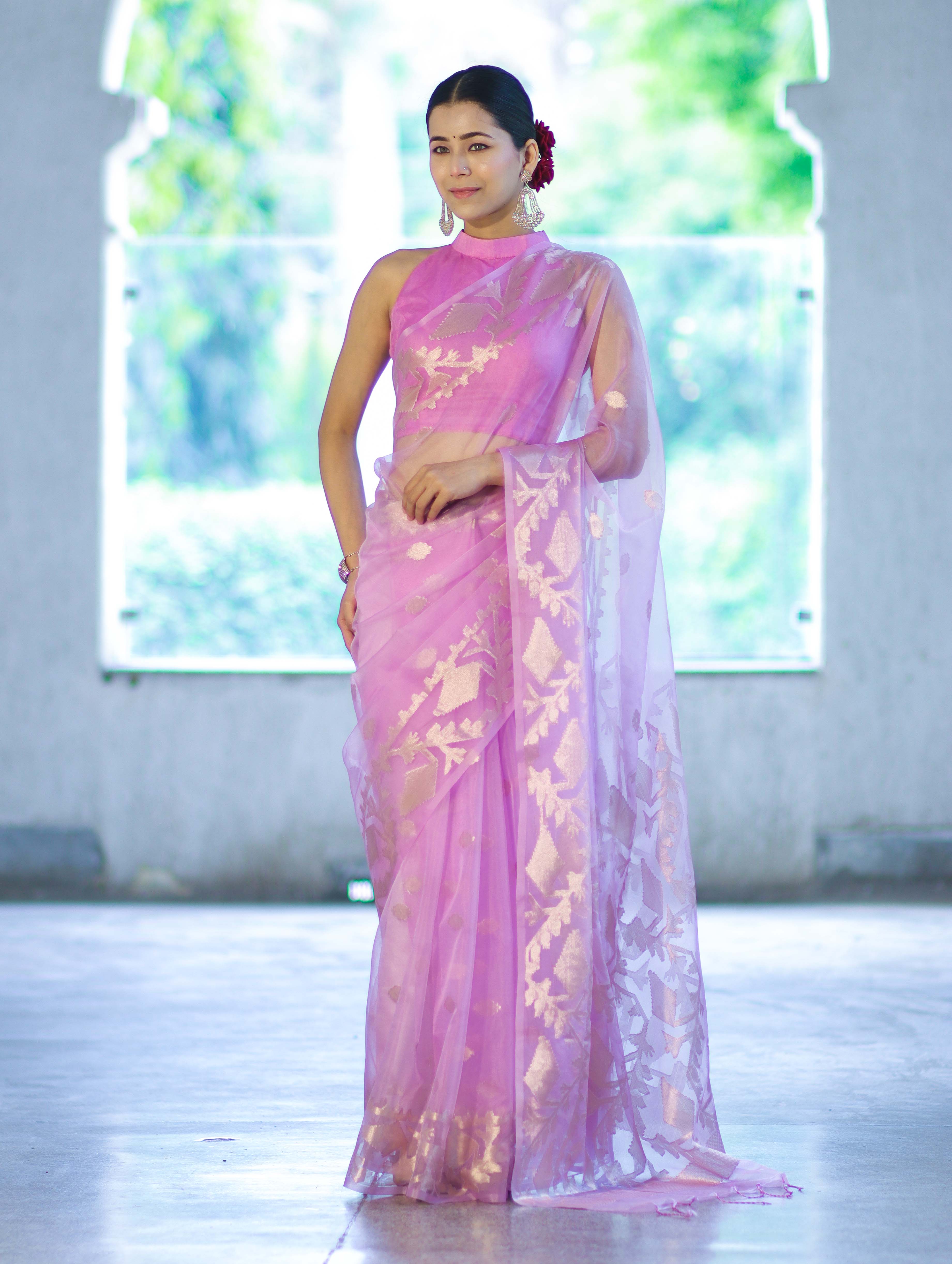Banarasee Organza Mix Saree With Zari Work & Border-Onion Pink