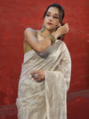 Banarasee Handloom Pure Cotton Silk Saree With Zari Jaal Design-Off White