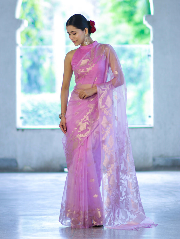 Banarasee Organza Mix Saree With Zari Work & Border-Onion Pink
