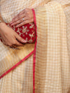 Banarasee Pure Linen Saree With Zari Checks Design-Cream & Red