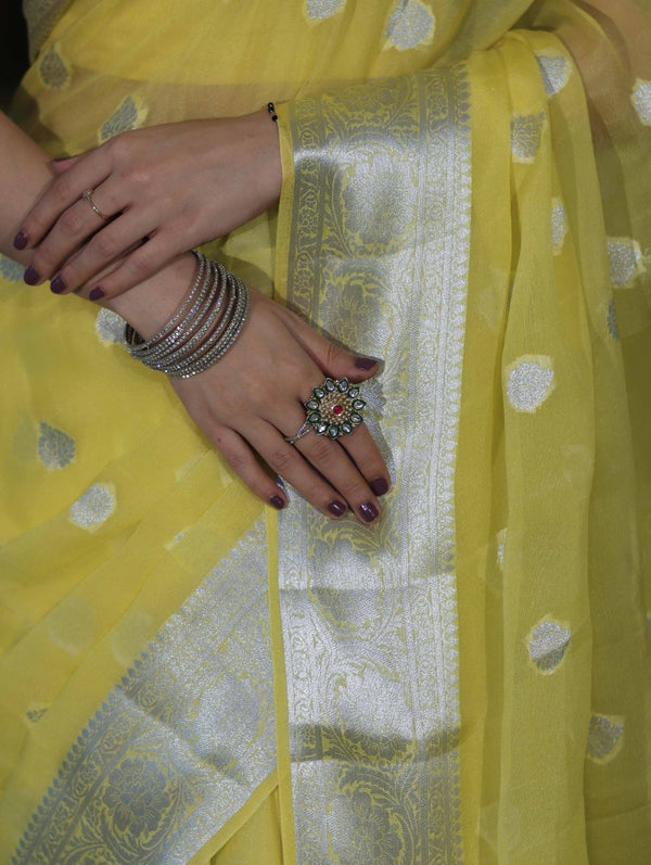 Banarasee Pure Chiffon Saree With Silver Zari Buta Work & Border-Light Yellow