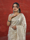 Banarasee Handloom Pure Cotton Silk Saree With Zari Jaal Design-Off White