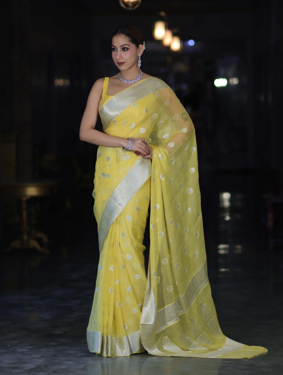 Banarasee Pure Chiffon Saree With Silver Zari Buta Work & Border-Light Yellow