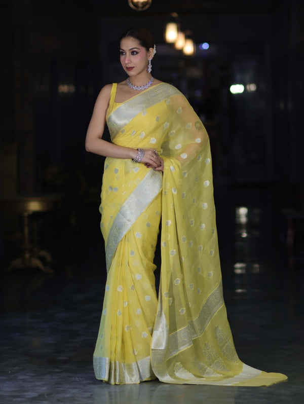 Banarasee Pure Chiffon Saree With Silver Zari Buta Work & Border-Light Yellow