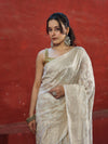 Banarasee Handloom Pure Cotton Silk Saree With Zari Jaal Design-Off White