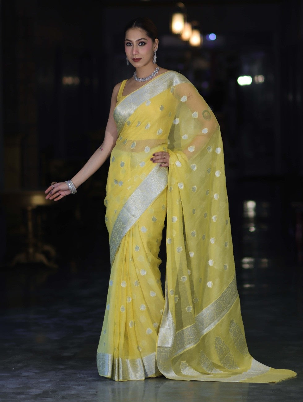 Banarasee Pure Chiffon Saree With Silver Zari Buta Work & Border-Light Yellow