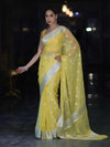 Banarasee Pure Chiffon Saree With Silver Zari Buta Work & Border-Light Yellow