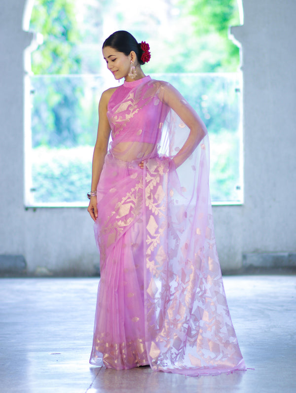 Banarasee Organza Mix Saree With Zari Work & Border-Onion Pink