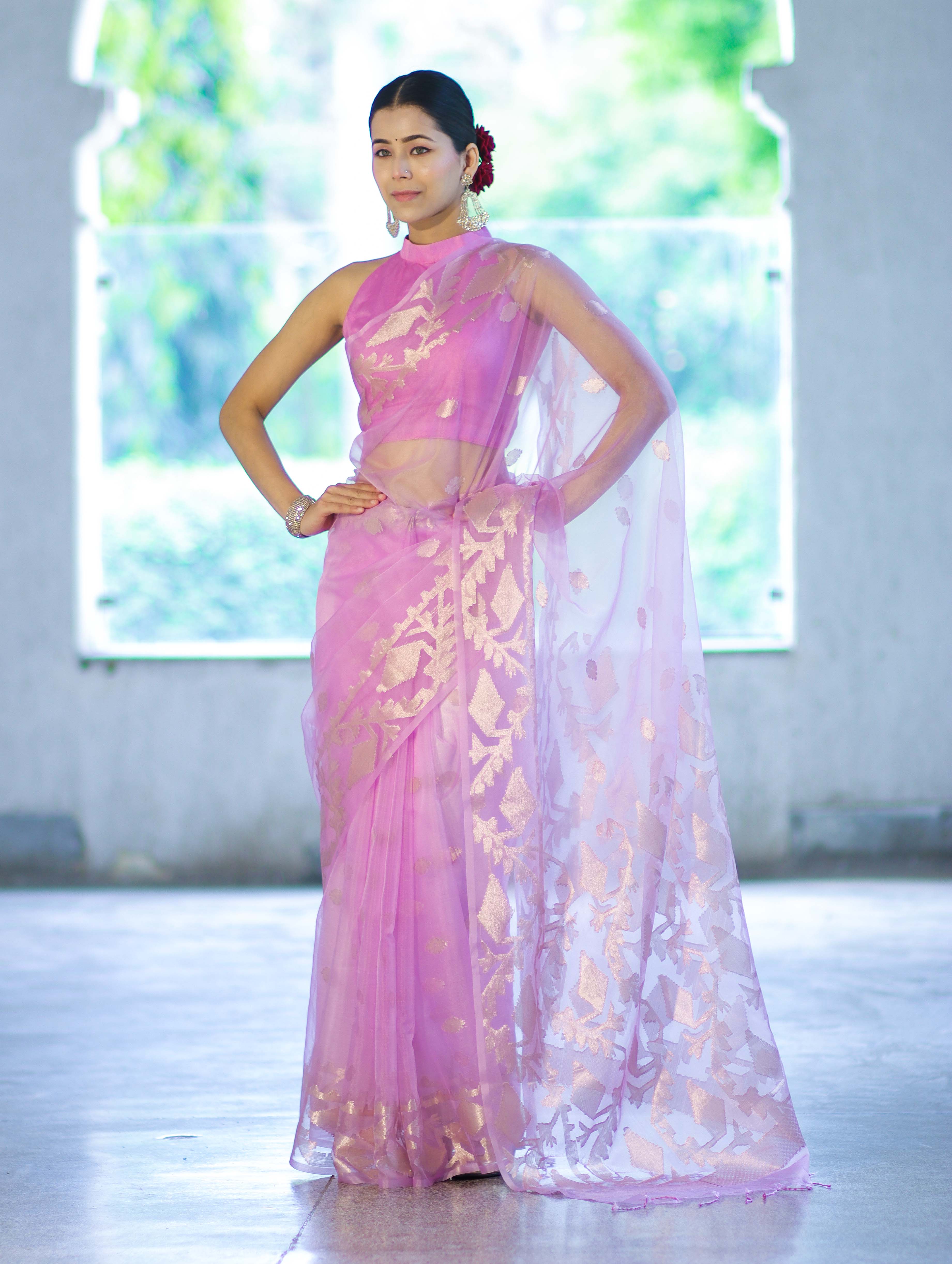 Banarasee Organza Mix Saree With Zari Work & Border-Onion Pink