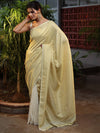 Banarasee Pure Linen Shine Saree-Cream & White
