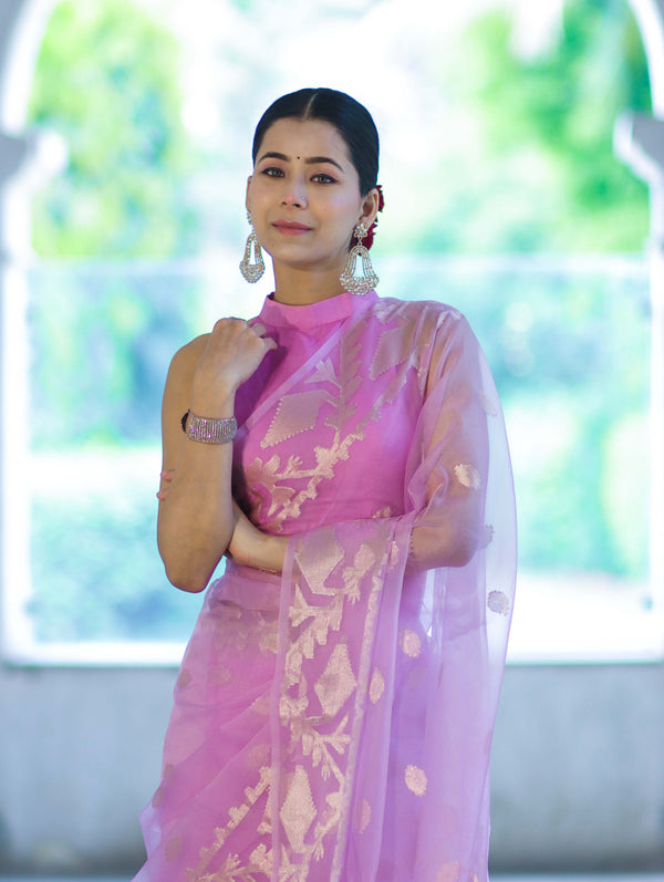 Banarasee Organza Mix Saree With Zari Work & Border-Onion Pink