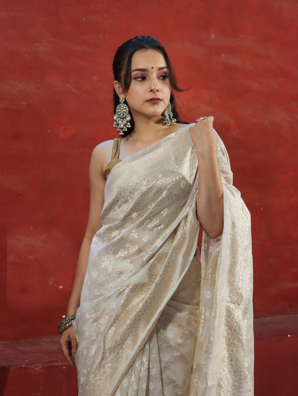 Banarasee Handloom Pure Cotton Silk Saree With Zari Jaal Design-Off White