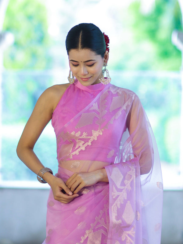 Banarasee Organza Mix Saree With Zari Work & Border-Onion Pink