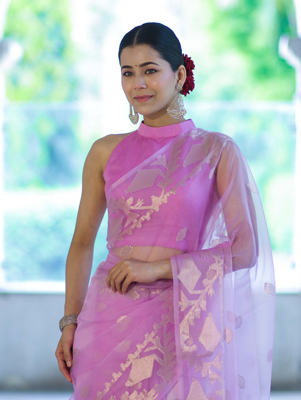 Banarasee Organza Mix Saree With Zari Work & Border-Onion Pink