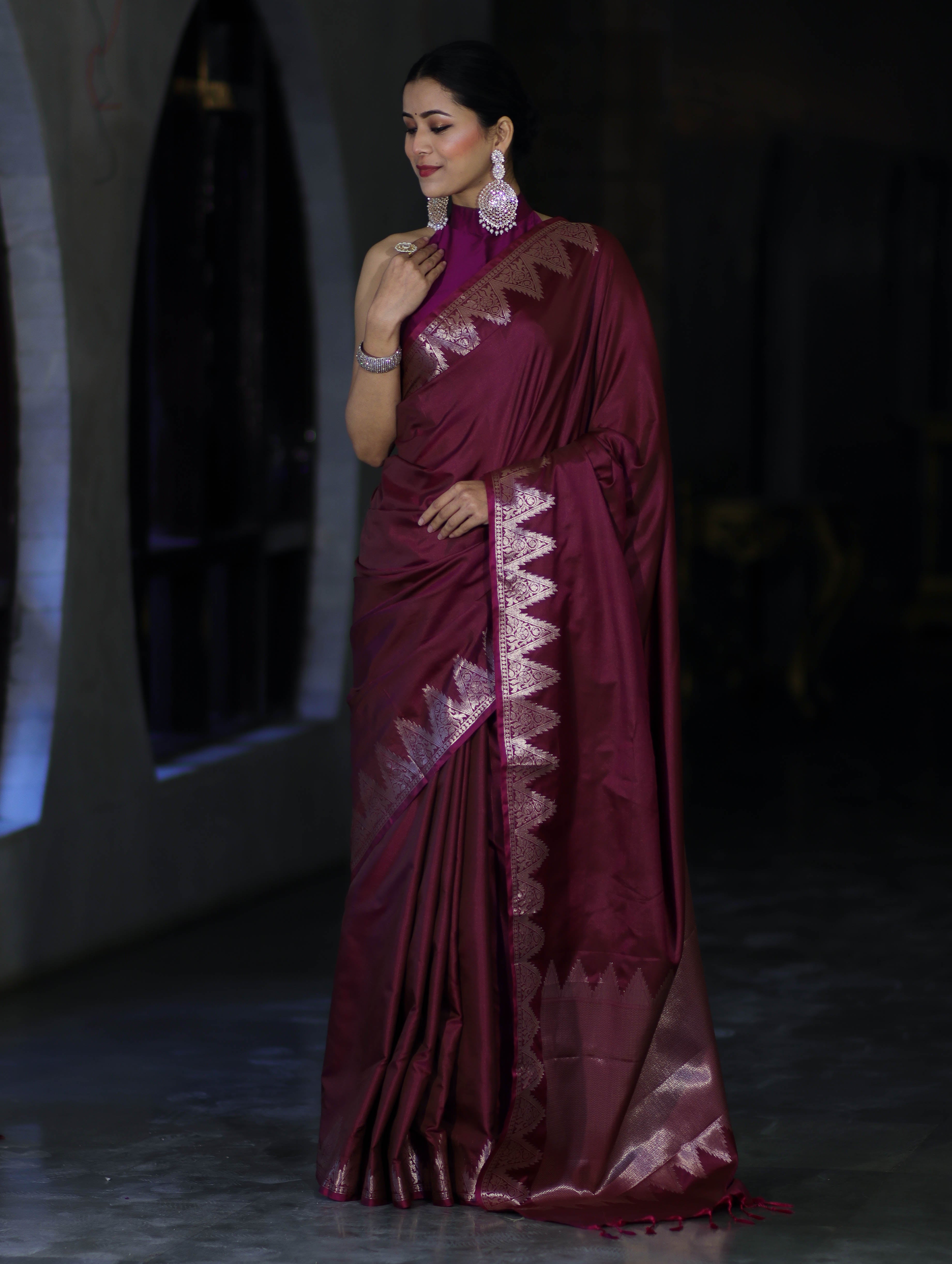 Banarasee Handloom Dual Tone Semi Silk Saree With Zari Border-Burgundy