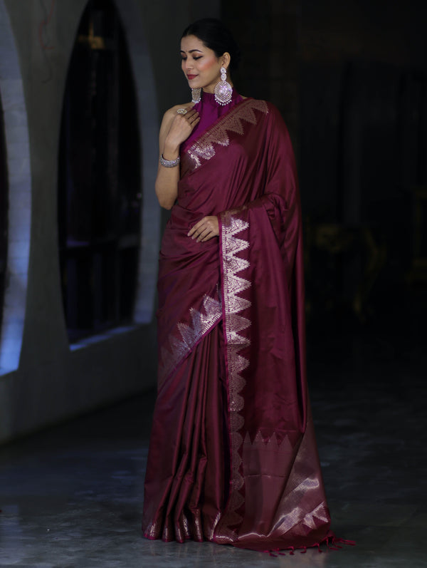 Banarasee Handloom Dual Tone Semi Silk Saree With Zari Border-Burgundy