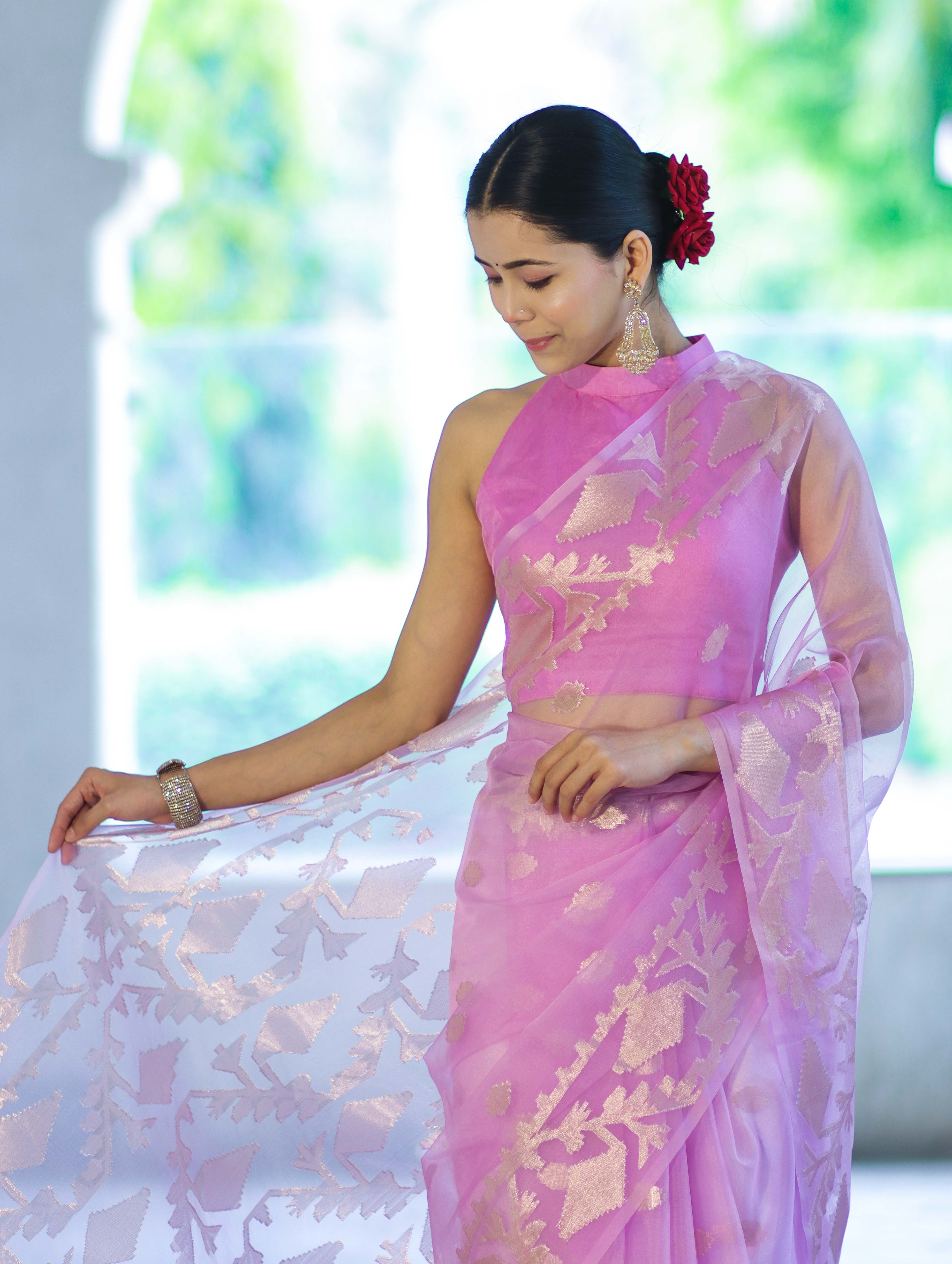 Banarasee Organza Mix Saree With Zari Work & Border-Onion Pink