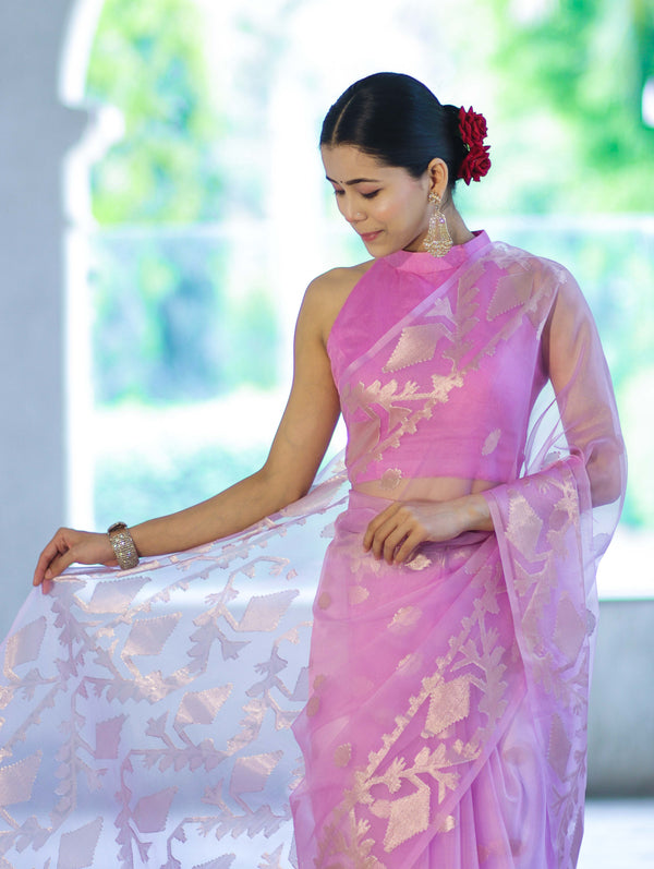 Banarasee Organza Mix Saree With Zari Work & Border-Onion Pink