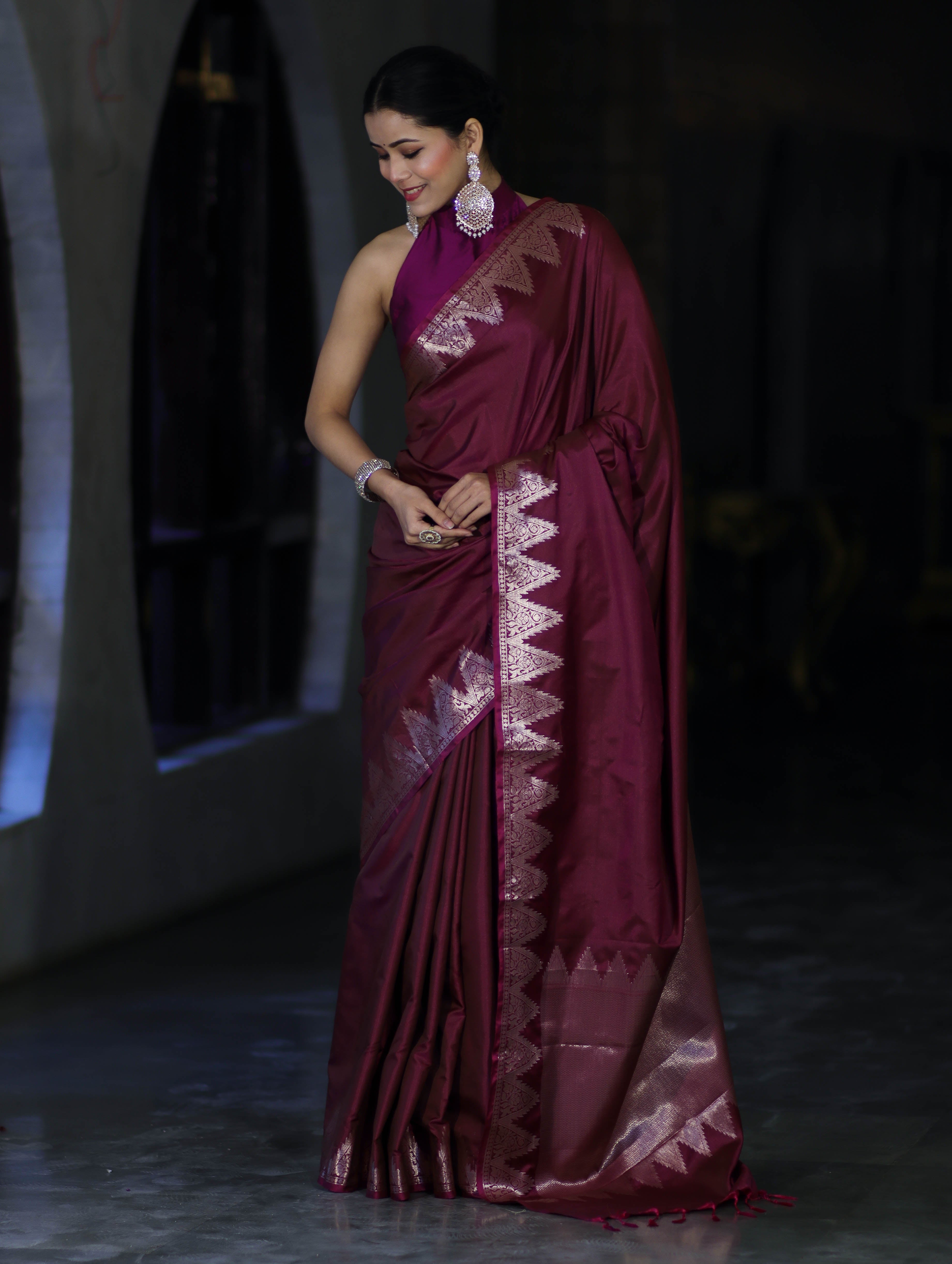 Banarasee Handloom Dual Tone Semi Silk Saree With Zari Border-Burgundy