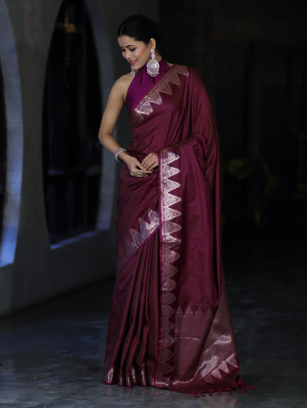 Banarasee Handloom Dual Tone Semi Silk Saree With Zari Border-Burgundy
