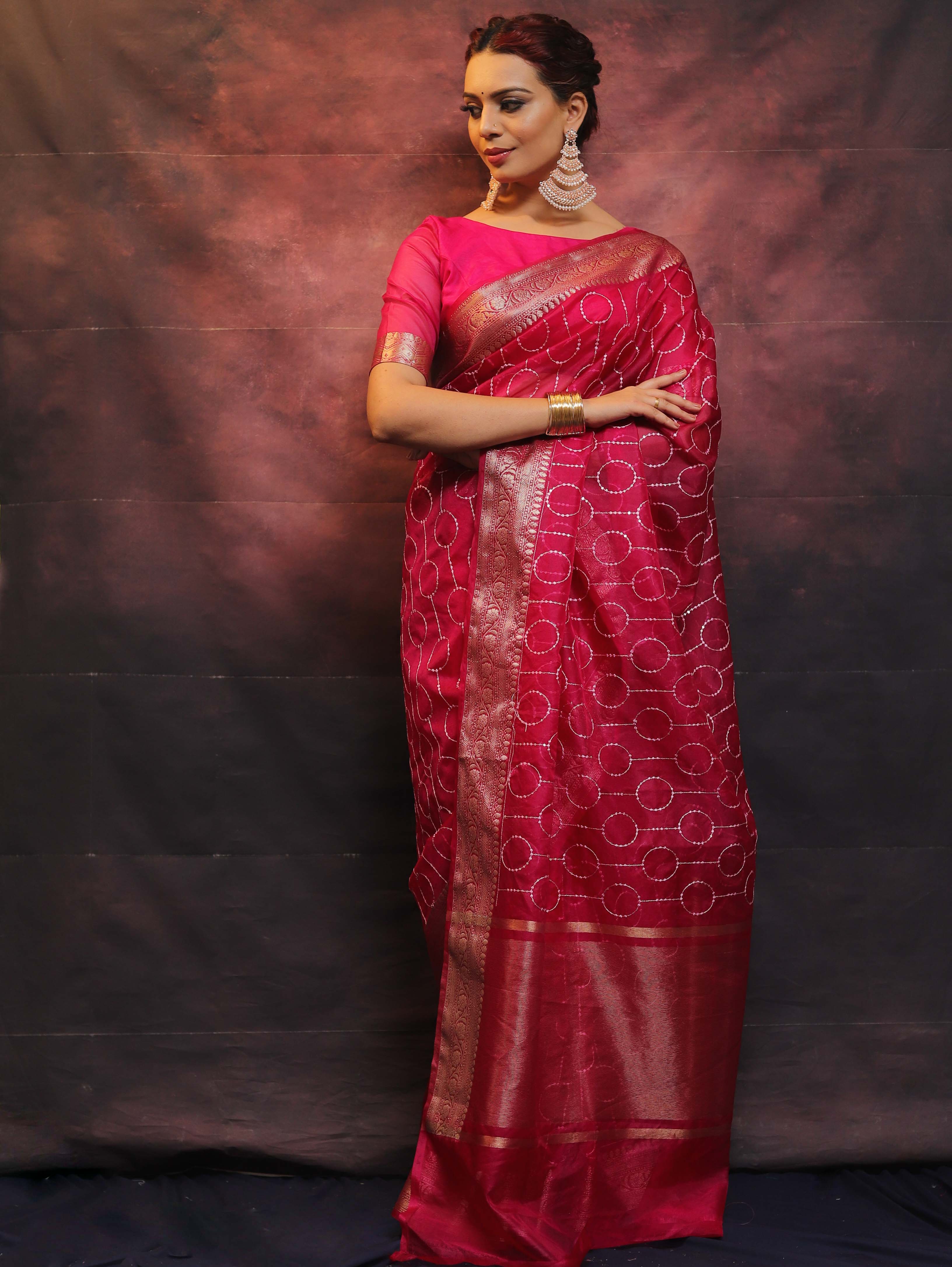 Banarasee Organza Floral Embroidery Sequin Work Saree-Pink