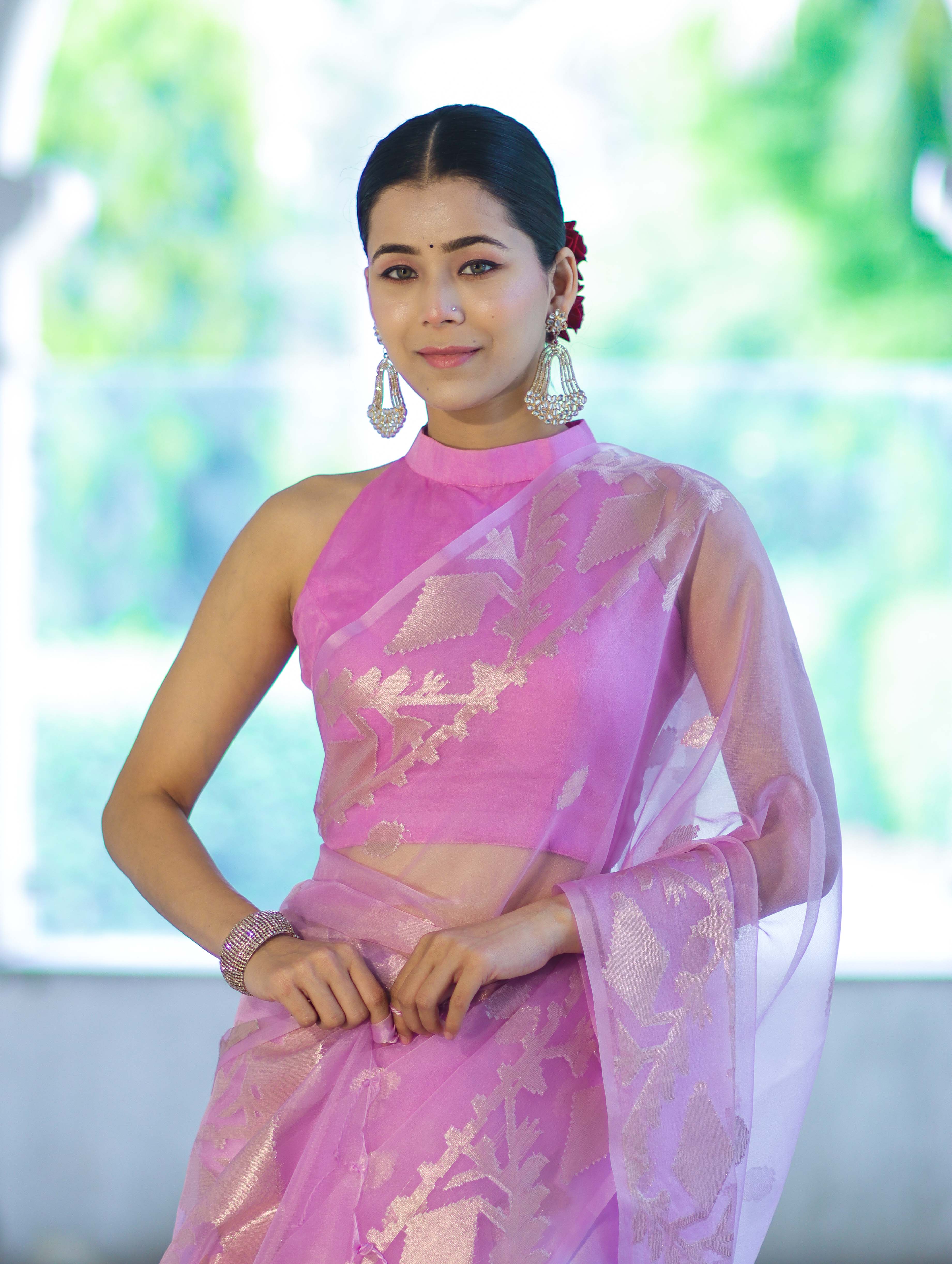 Banarasee Organza Mix Saree With Zari Work & Border-Onion Pink