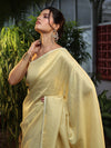 Banarasee Pure Linen Shine Saree-Cream & White