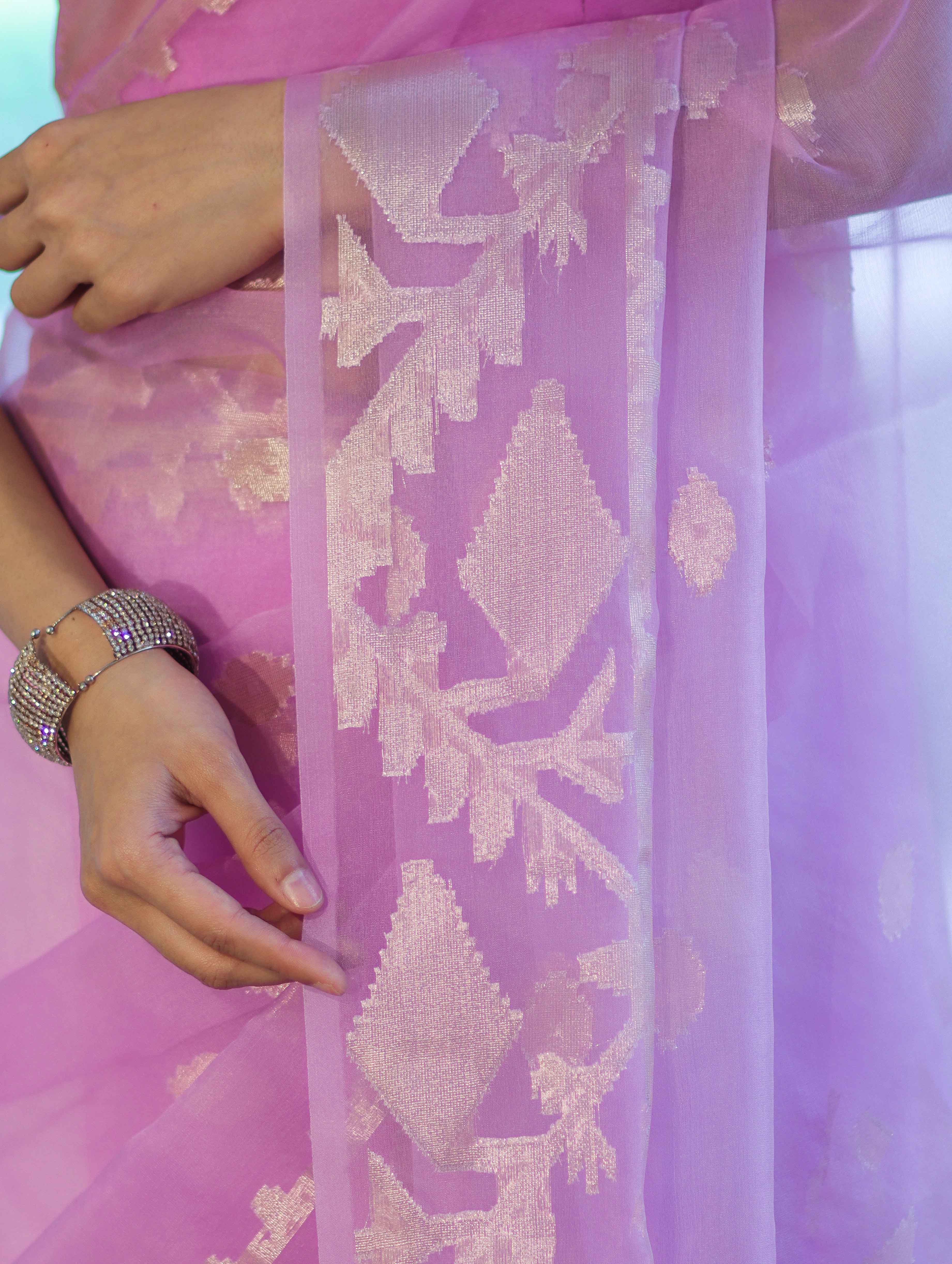 Banarasee Organza Mix Saree With Zari Work & Border-Onion Pink