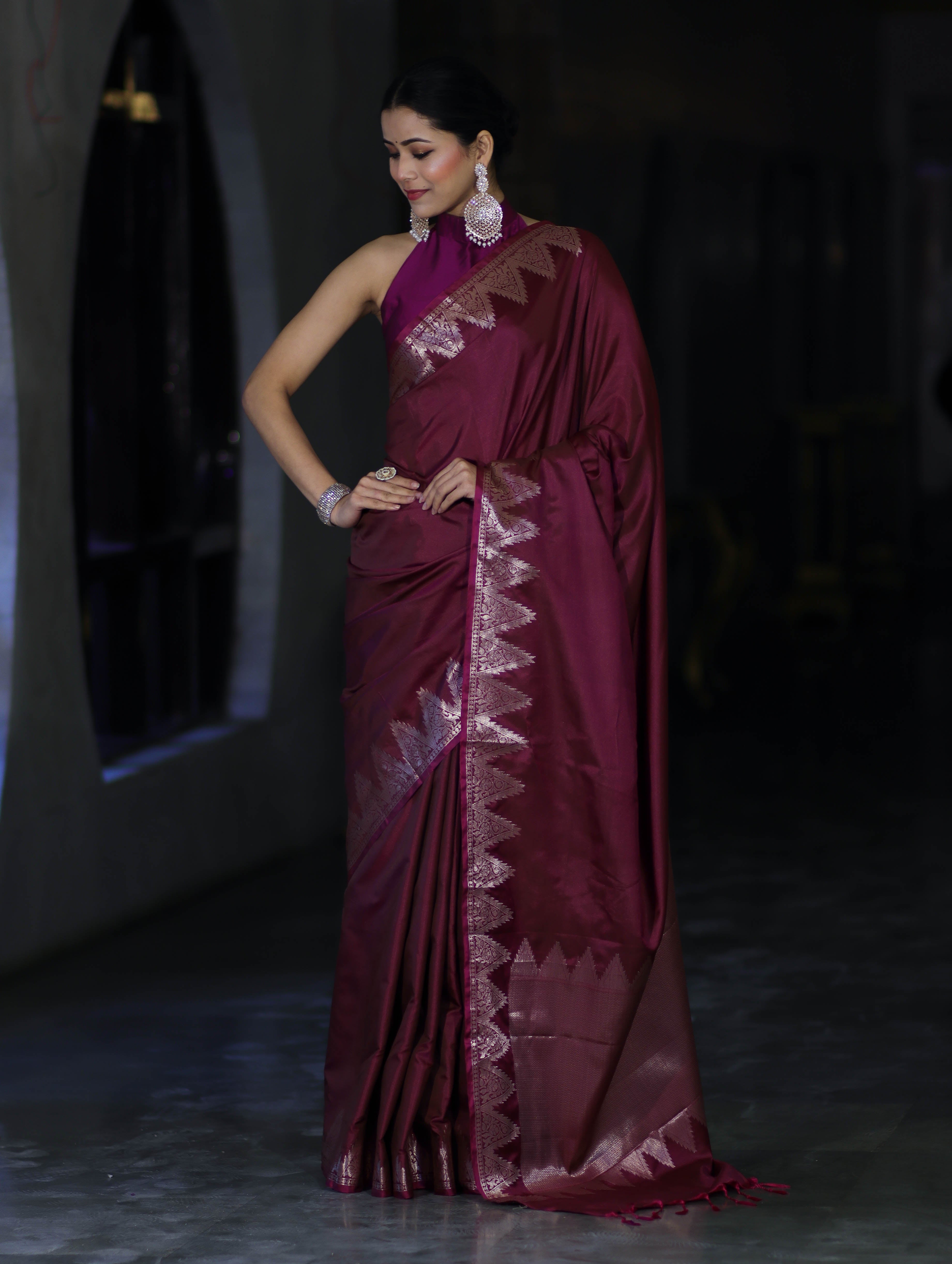 Banarasee Handloom Dual Tone Semi Silk Saree With Zari Border-Burgundy