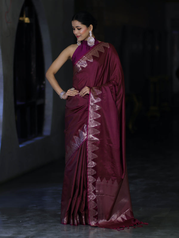 Banarasee Handloom Dual Tone Semi Silk Saree With Zari Border-Burgundy