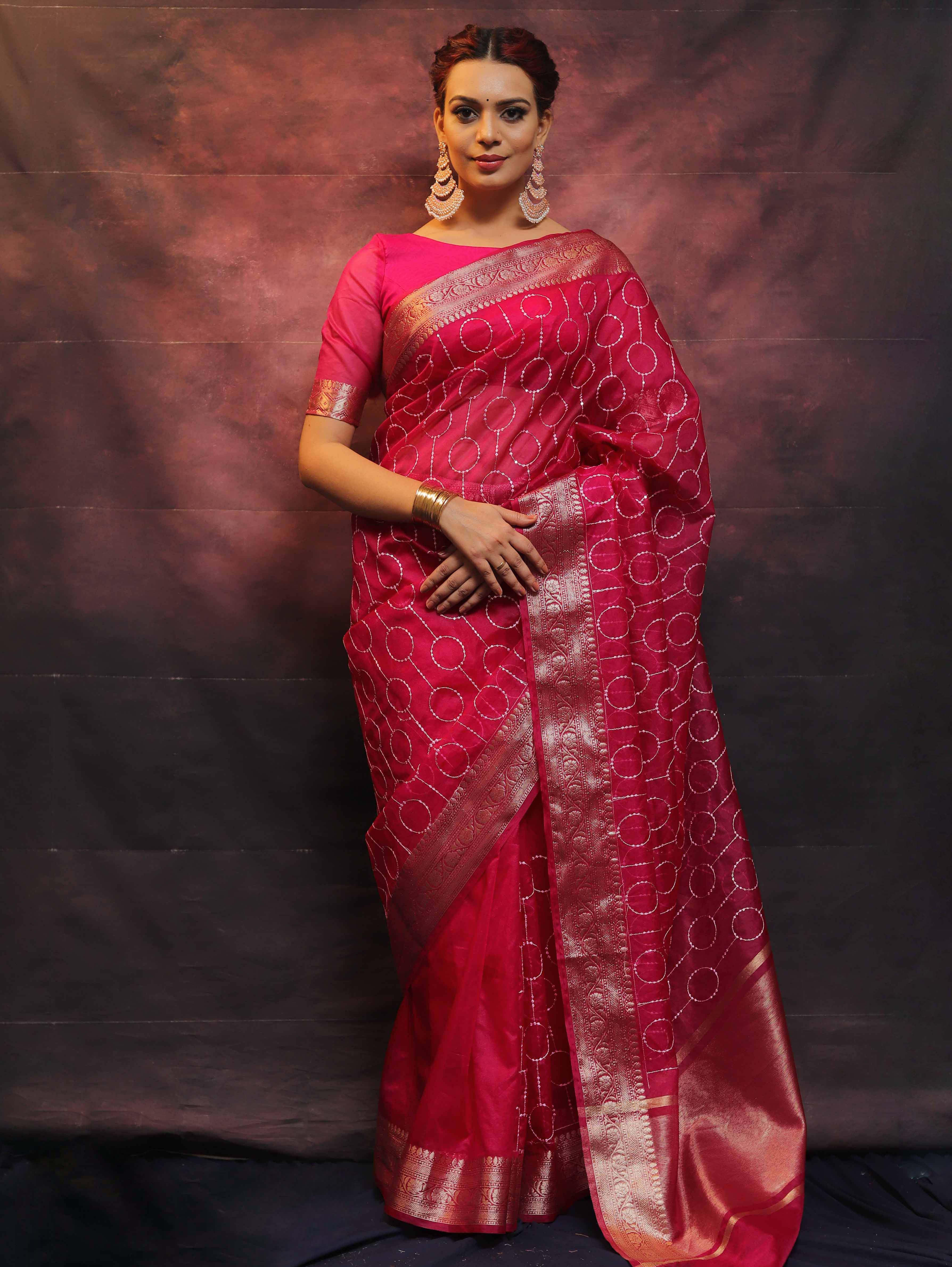Banarasee Organza Floral Embroidery Sequin Work Saree-Pink