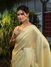 Banarasee Pure Linen Shine Saree-Cream & White