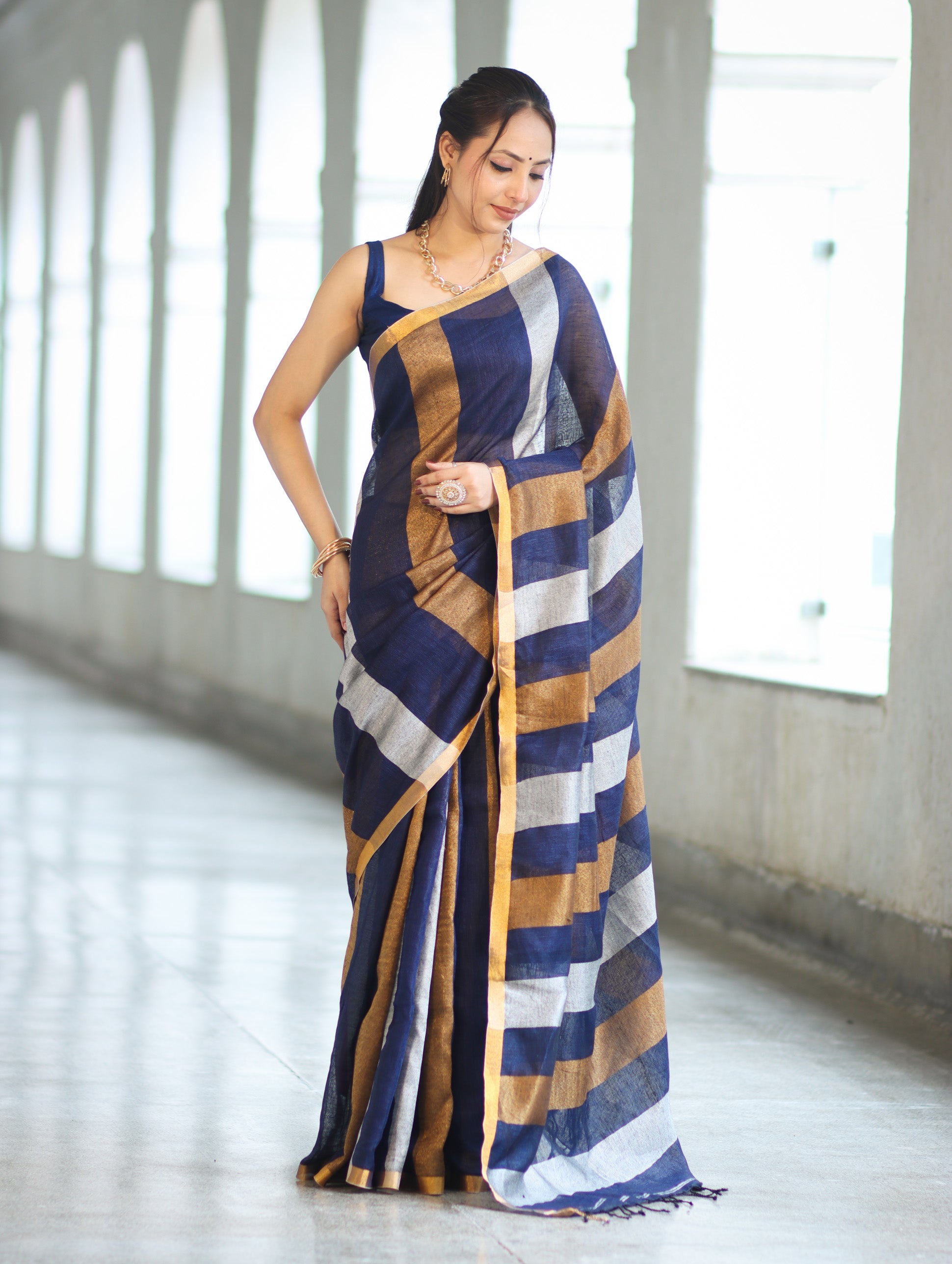 Bhagalpur Handloom Pure Linen Saree With Gold & Silver Stripes-Blue