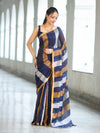 Bhagalpur Handloom Pure Linen Saree With Gold & Silver Stripes-Blue