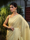 Banarasee Pure Linen Shine Saree-Cream & White