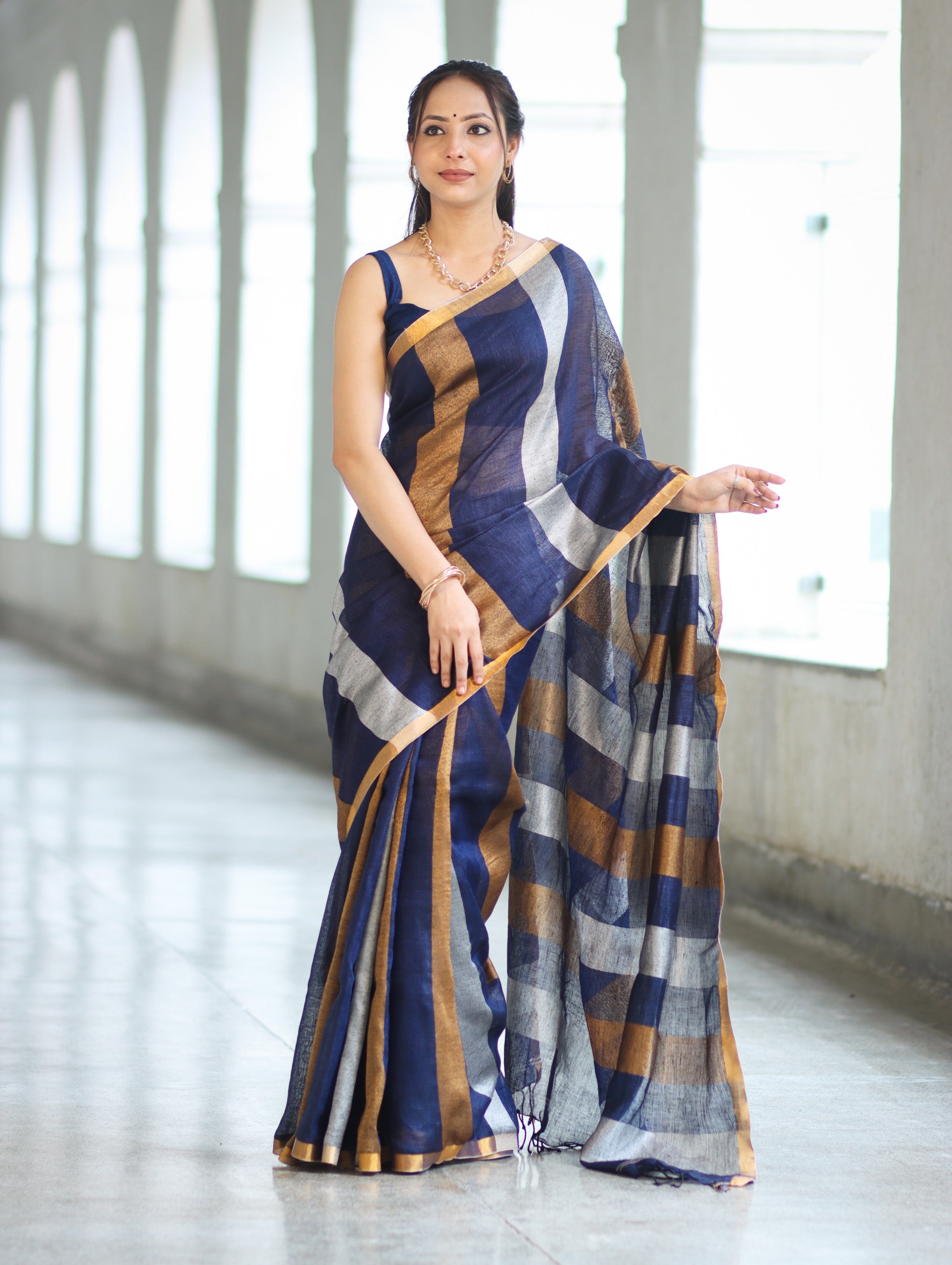 Bhagalpur Handloom Pure Linen Saree With Gold & Silver Stripes-Blue