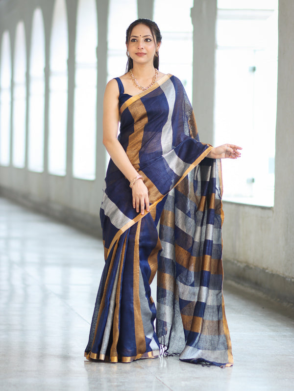Bhagalpur Handloom Pure Linen Saree With Gold & Silver Stripes-Blue