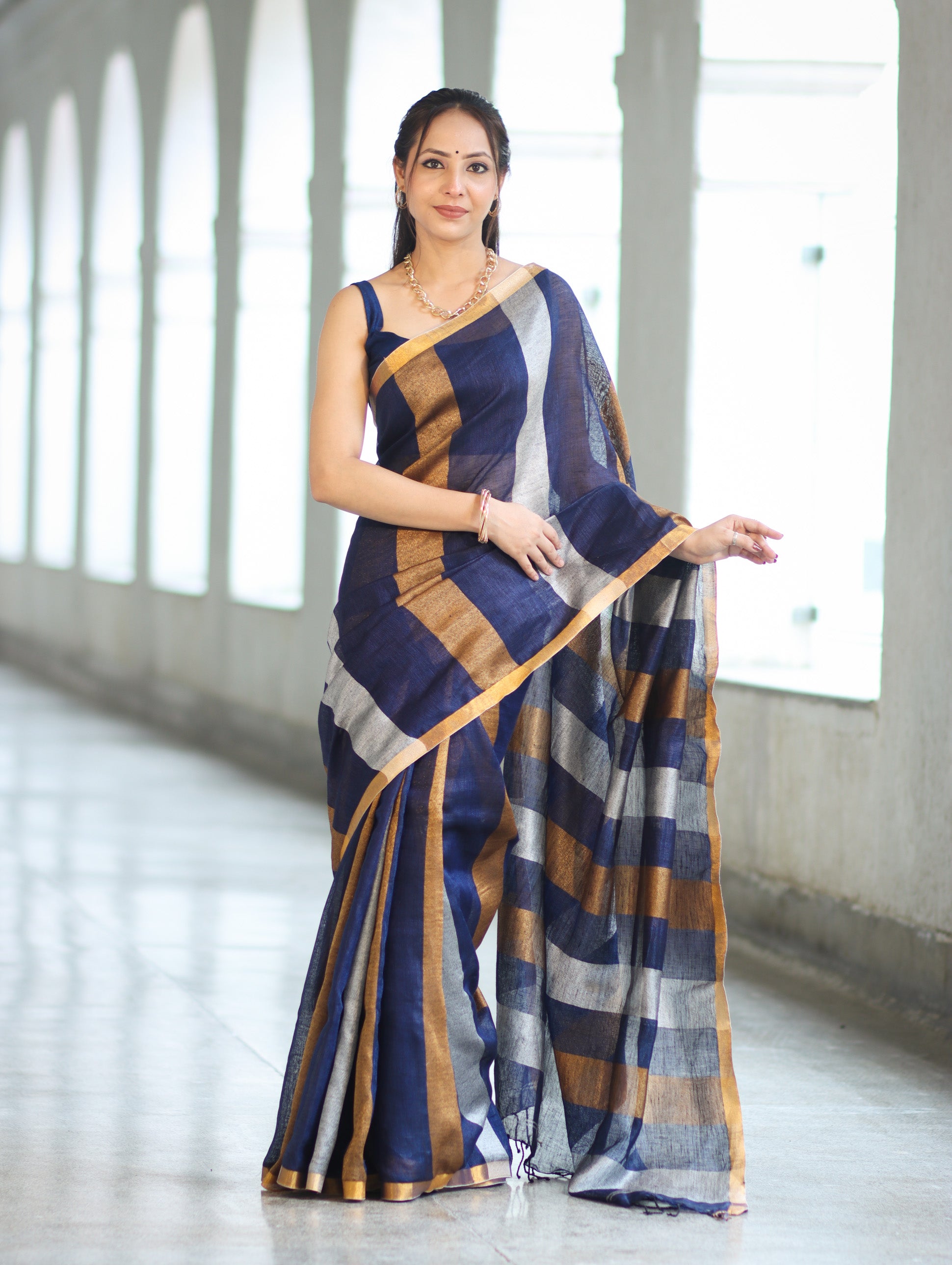 Bhagalpur Handloom Pure Linen Saree With Gold & Silver Stripes-Blue