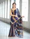 Bhagalpur Handloom Pure Linen Saree With Gold & Silver Stripes-Blue