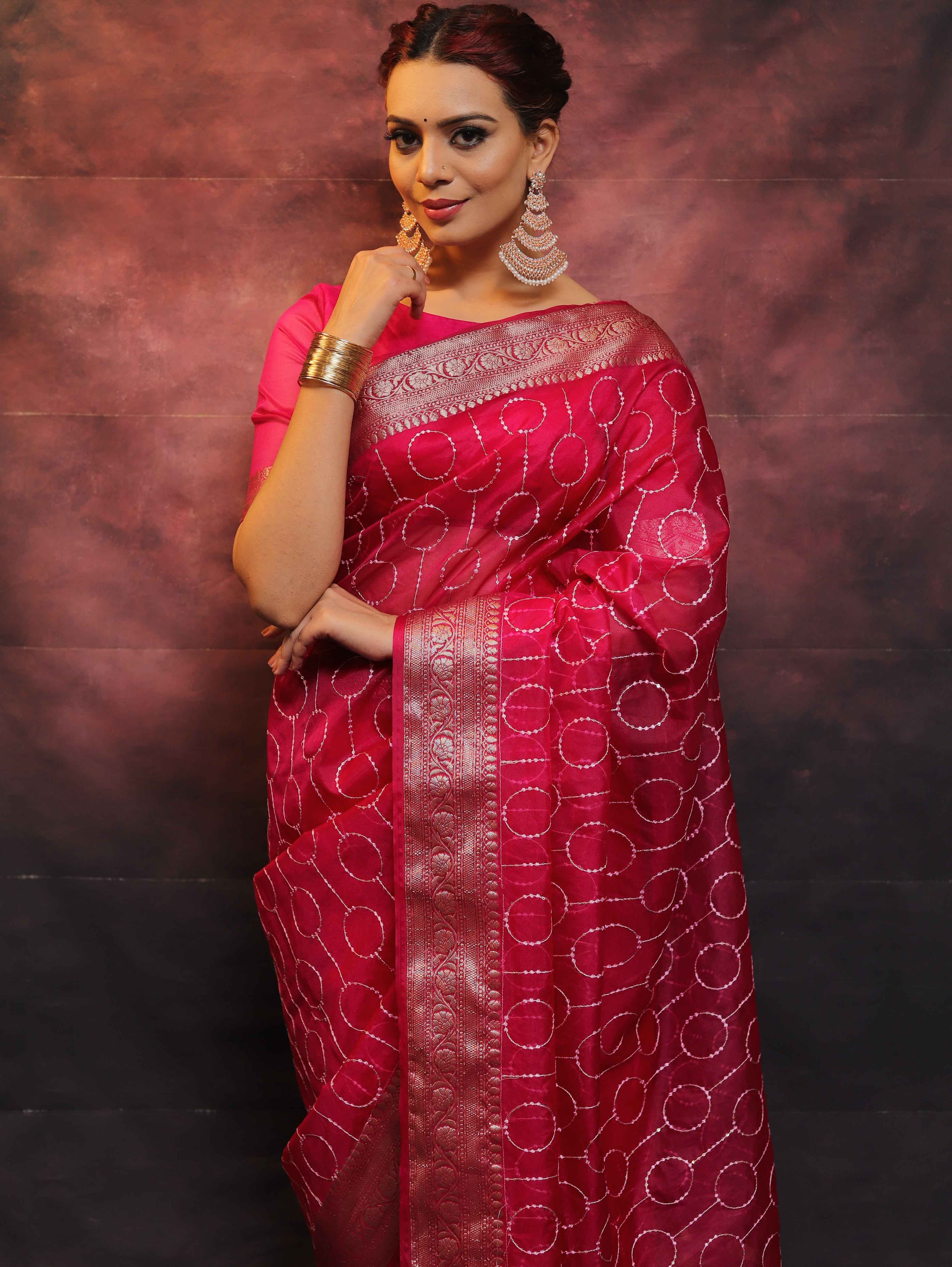 Banarasee Organza Floral Embroidery Sequin Work Saree-Pink