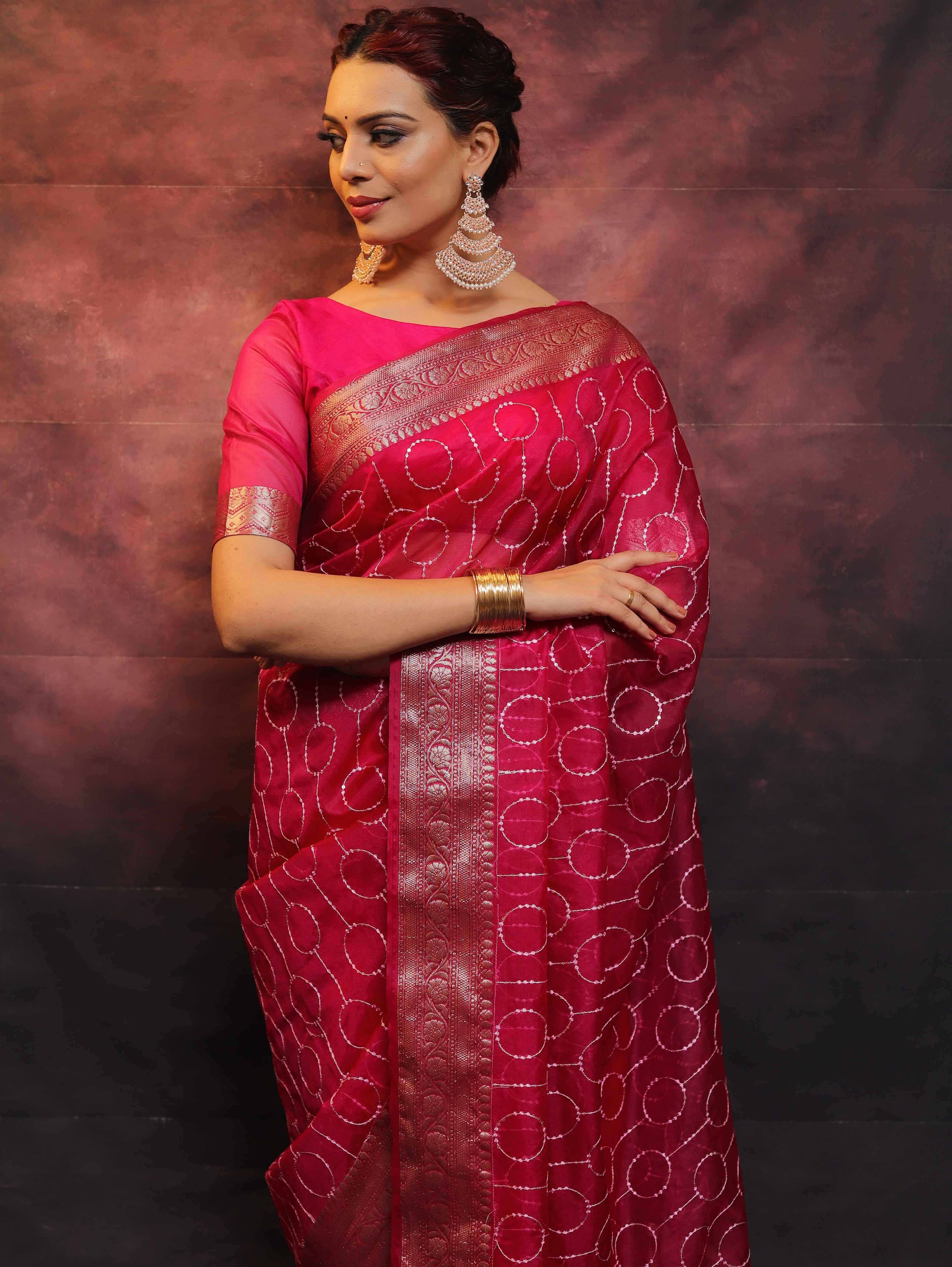 Banarasee Organza Floral Embroidery Sequin Work Saree-Pink