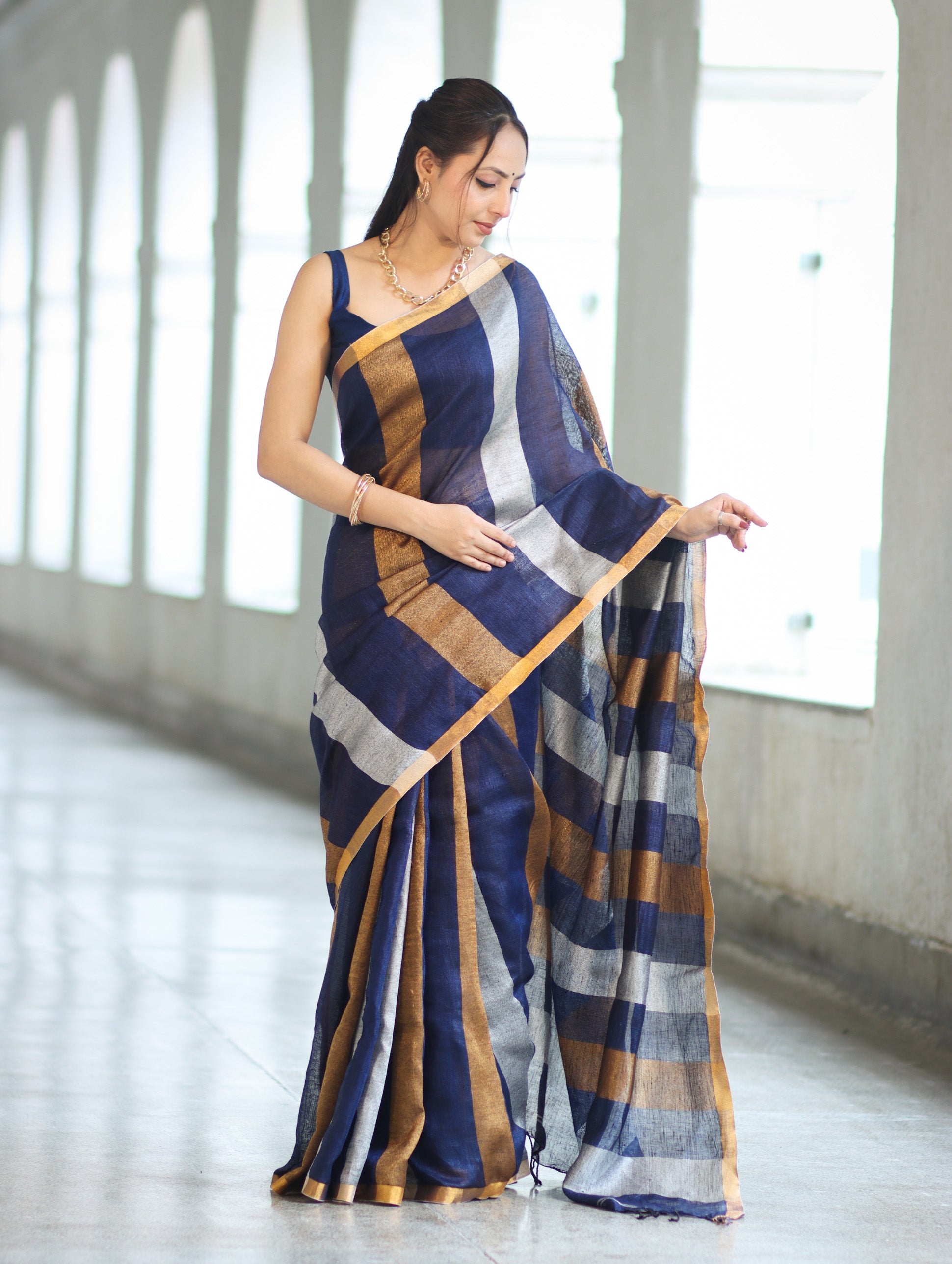 Bhagalpur Handloom Pure Linen Saree With Gold & Silver Stripes-Blue